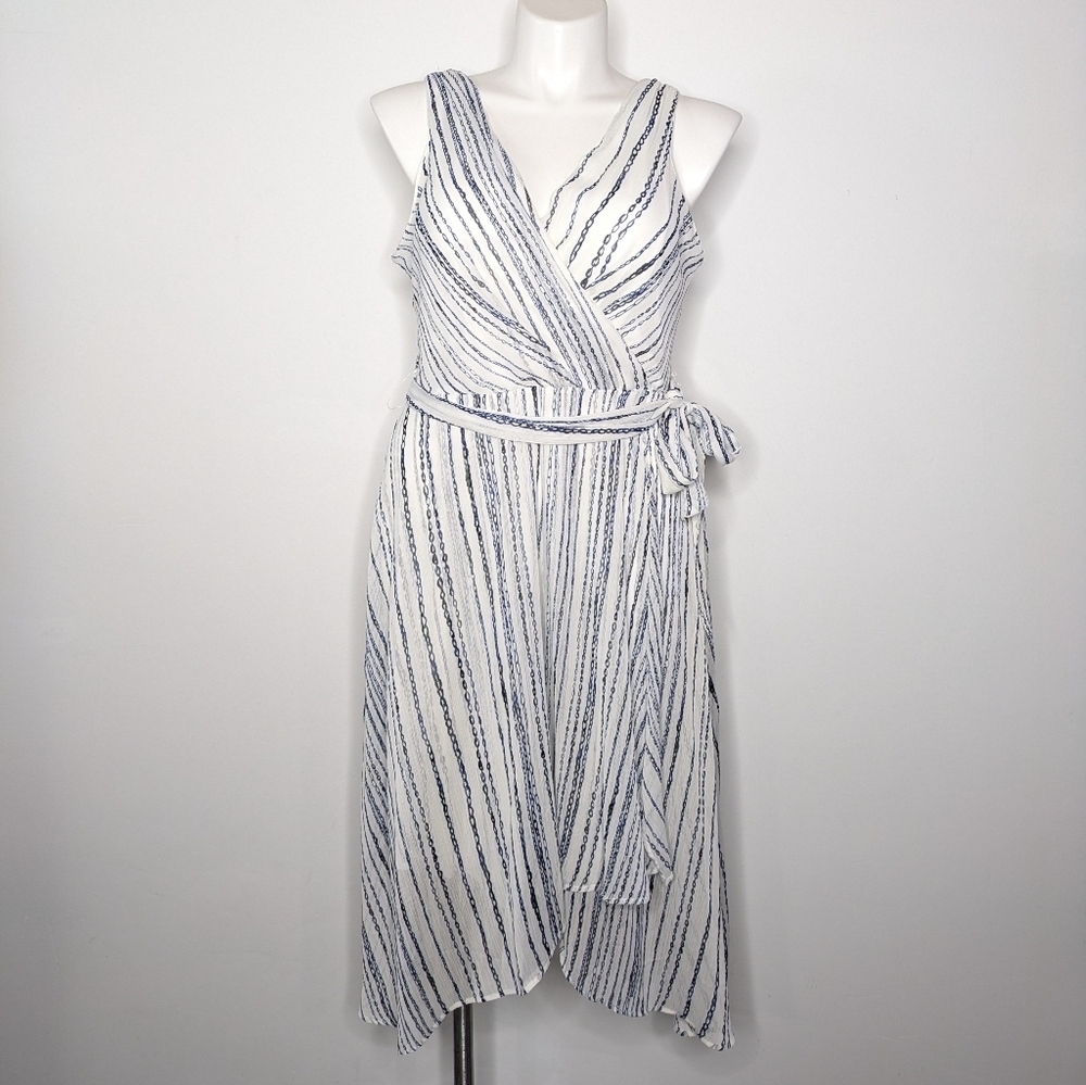 NWT DKNY White Blue Chiffon Striped Sleeveless V Neck Midi Dress 14